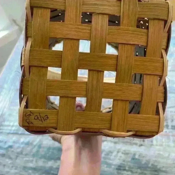 Basket, Handmade, Numbered 9/12, light blue/gray, green, natural tan - Picture 5 of 9